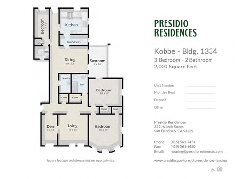 Floor plan for 3 beds, 2 baths, 2000 sqft
